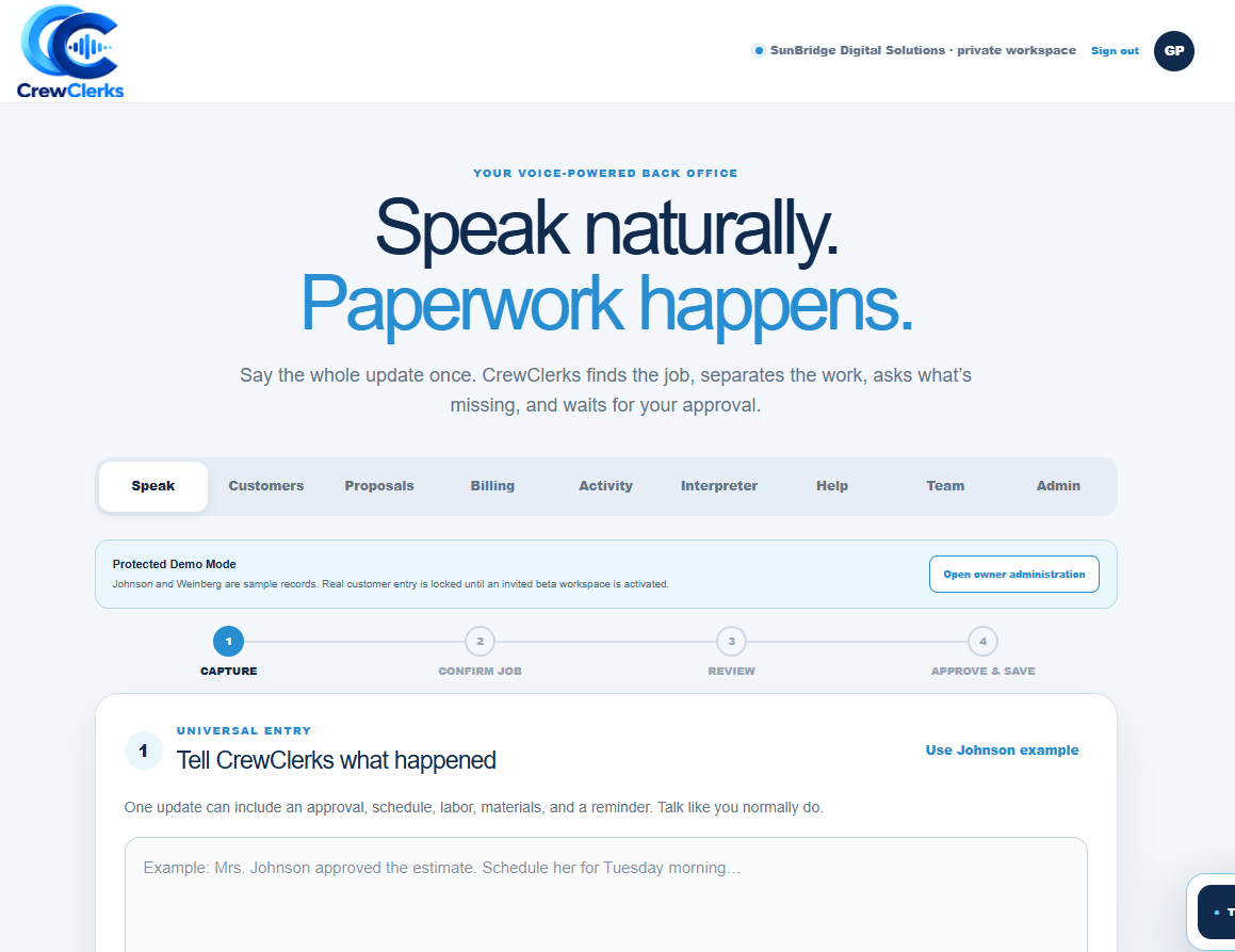 CrewClerks product interface showing Speak naturally. Paperwork happens.