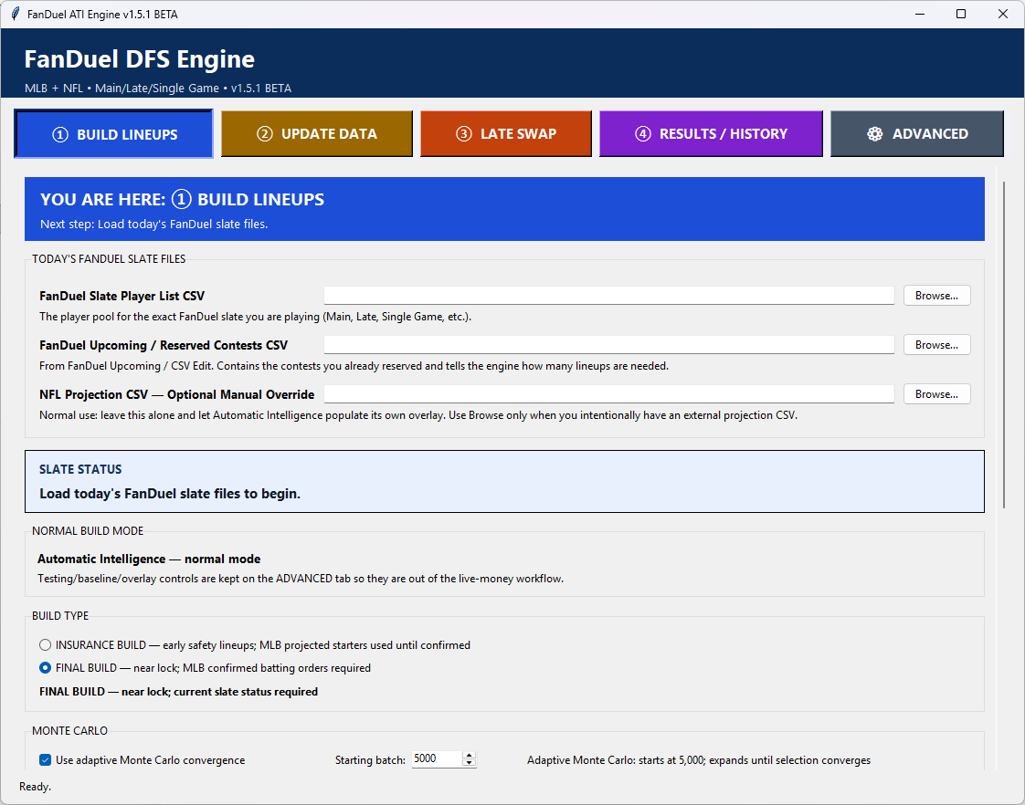 FanDuel ATI Engine Build Lineups software screen
