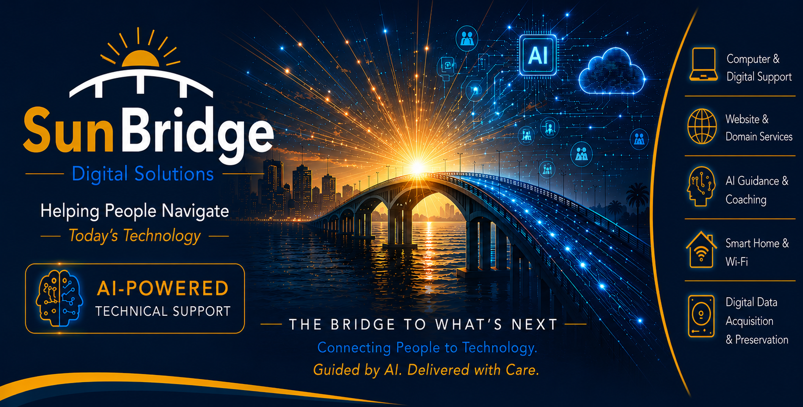 SunBridge promotional graphic showing technology support service categories