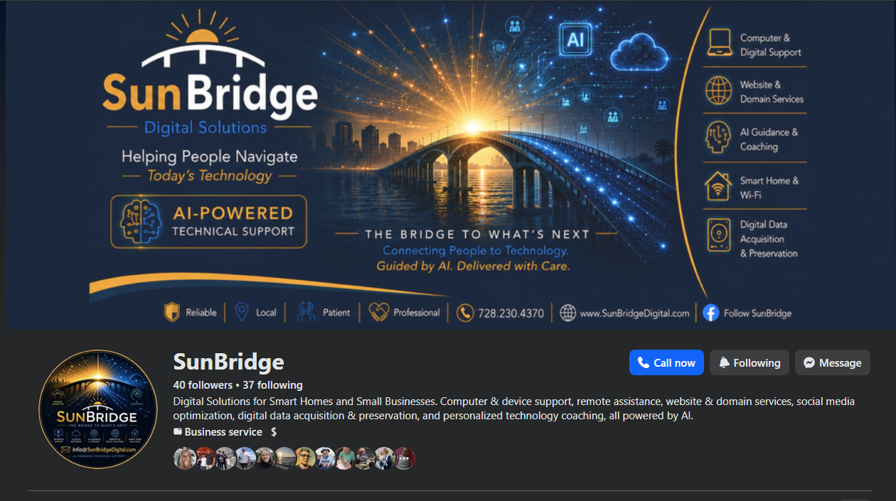 SunBridge Facebook page showing branded cover and service identity